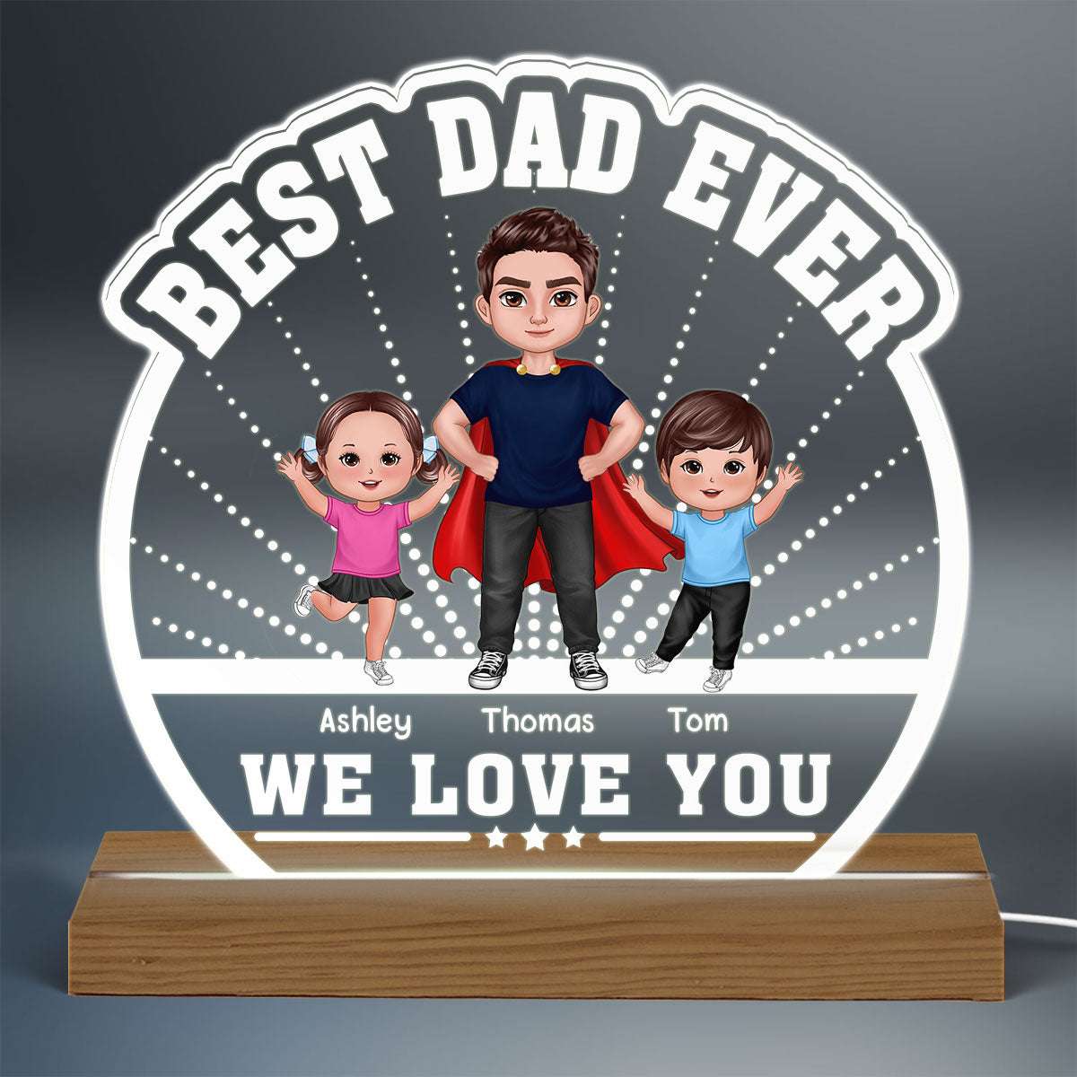 Best Dad Ever Super Doll Dad & Happy Kids Personalized Custom Shaped Acrylic Plaque With Warm LED Night Light