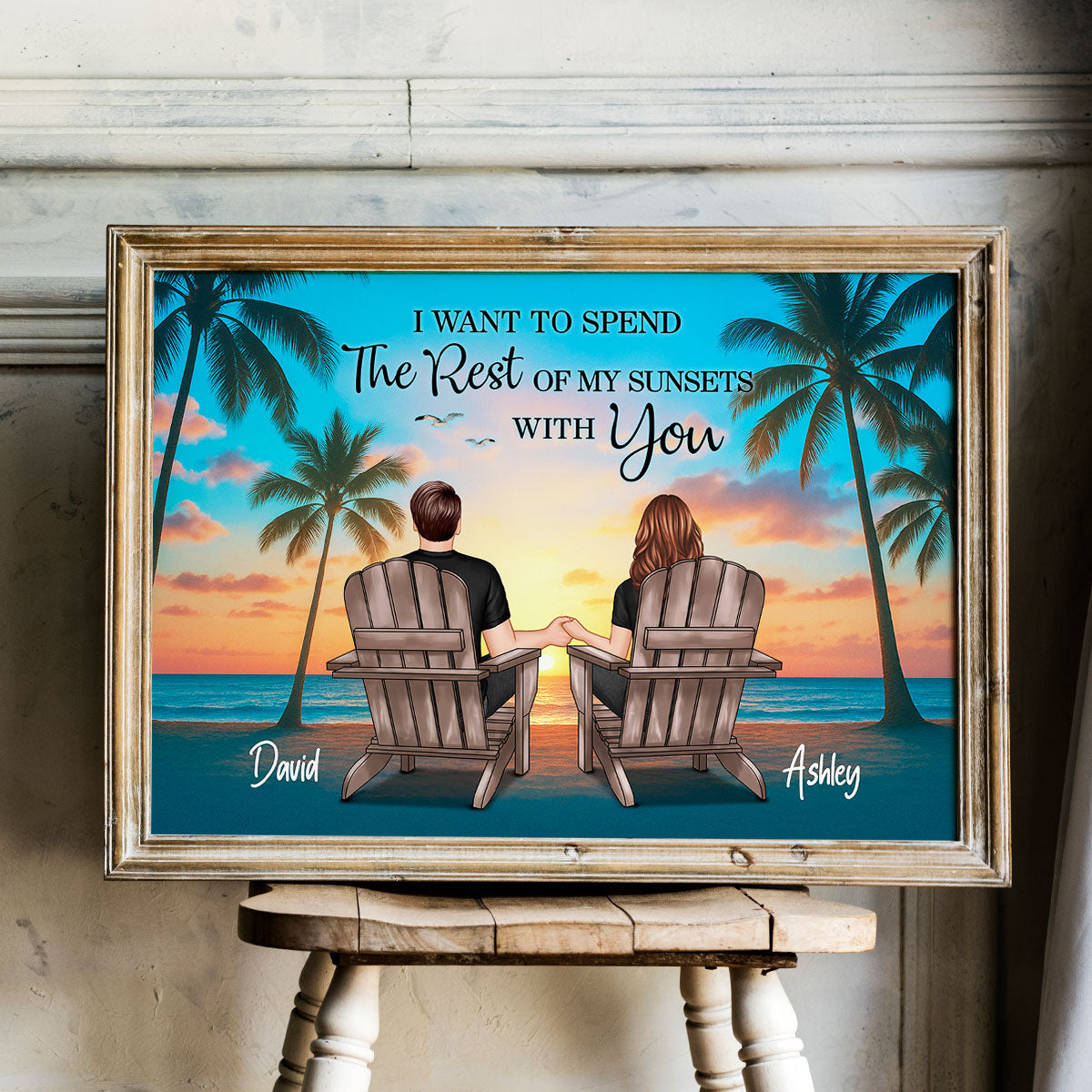 Couple Beach Sunset Under Tree Palm Personalized Poster, Anniversary gift for him, for her