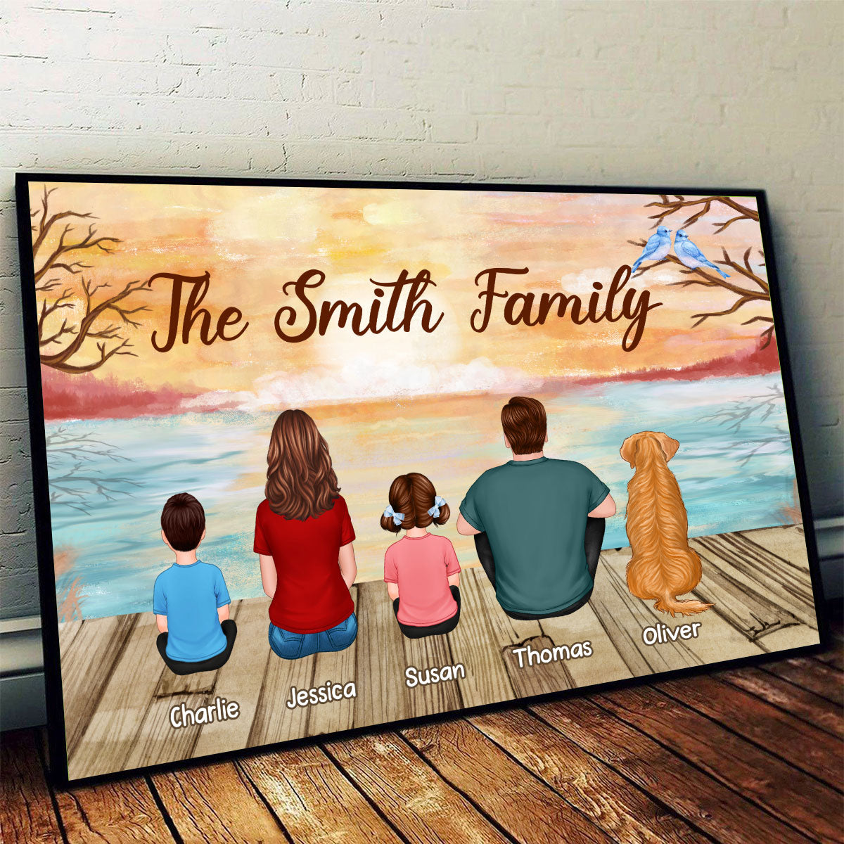 Lake View Whole Back View Family Grandpa Grandma Couple Dad Mom Kids Dogs Cats Sitting Personalized Horizontal Poster