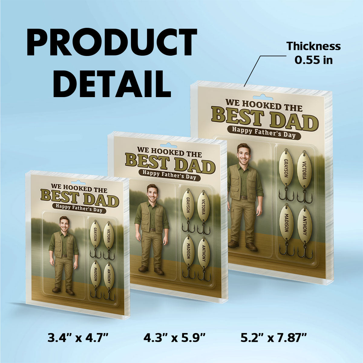 3D Effect Hooked On The Best Dad Fishing Custom Figure Personalized Rectangle Flat Acrylic Block Plaque