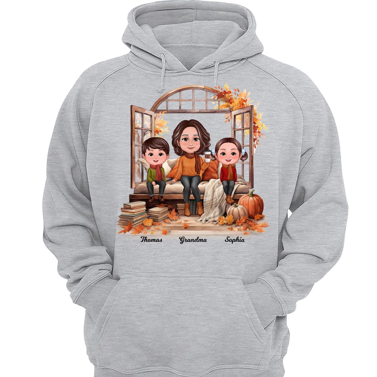Grandma Grandkids Sitting On Sofa Cozy Fall Window Personalized Shirt