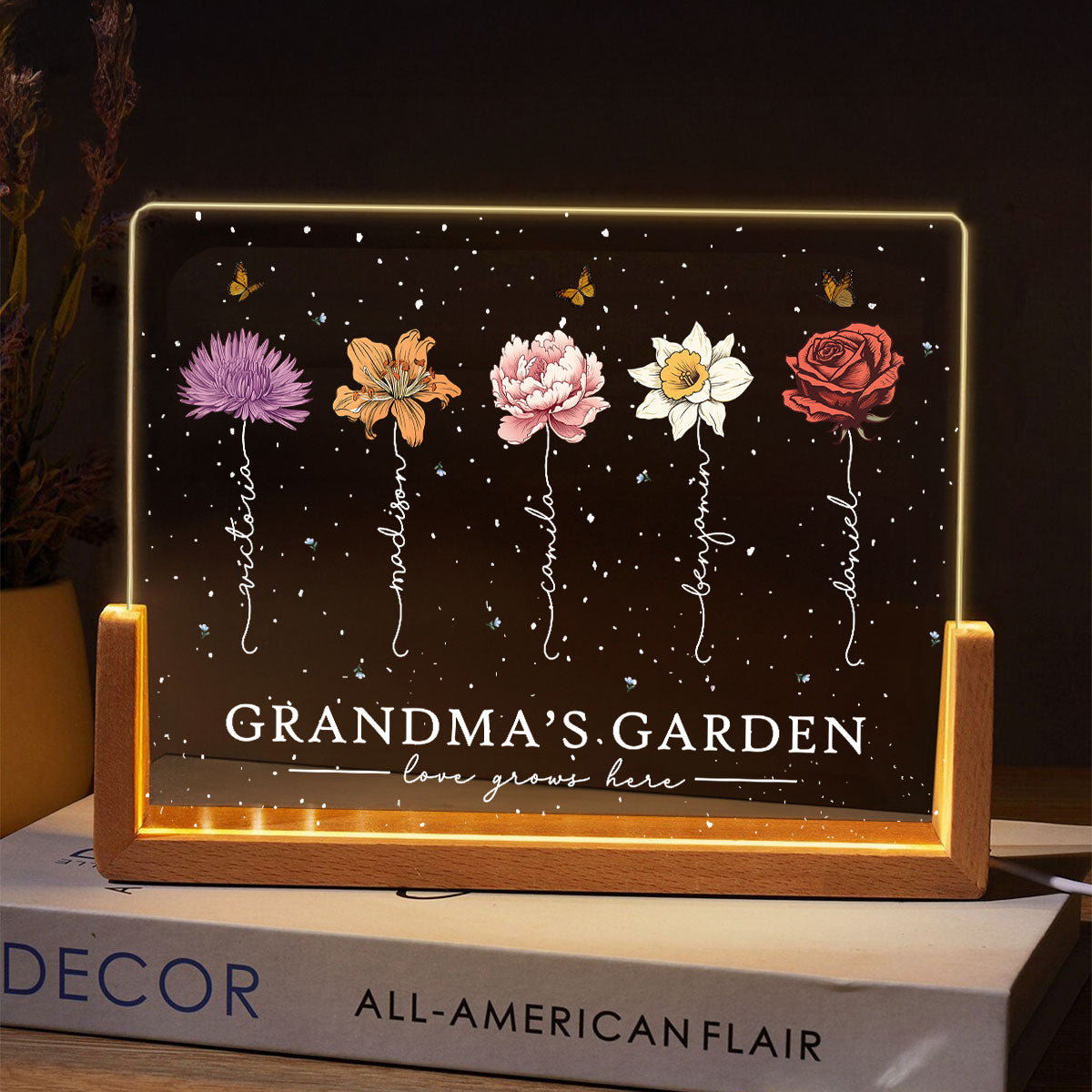 Grandma's Garden Love Grows Here Birthmonth Flowers Personalized U-Base Acrylic LED Night Light, Grandkids Names Floral Gift
