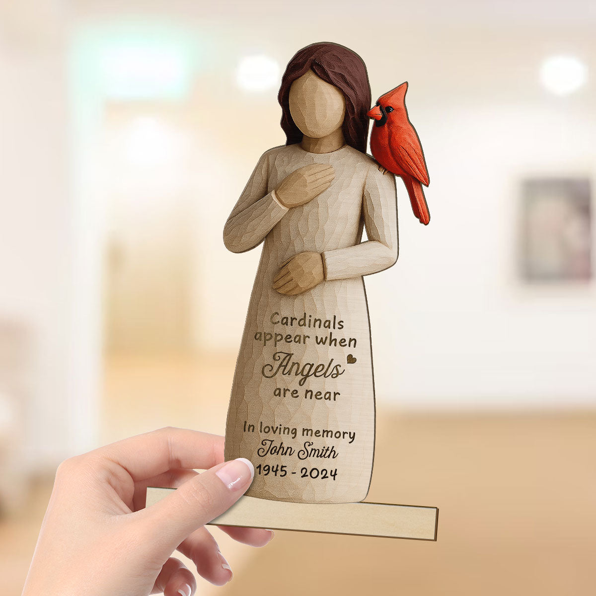Always With You Cardinal & Woman 3D Effect Personalized Standing Wooden Plaque, Memorial Sympathy Gift