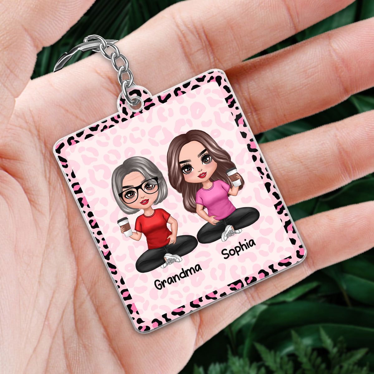 Best Grandma Ever Doll Sitting Grandma Grandkid Calendar Date Pink Leopard Pattern Personalized Acrylic Keychain
