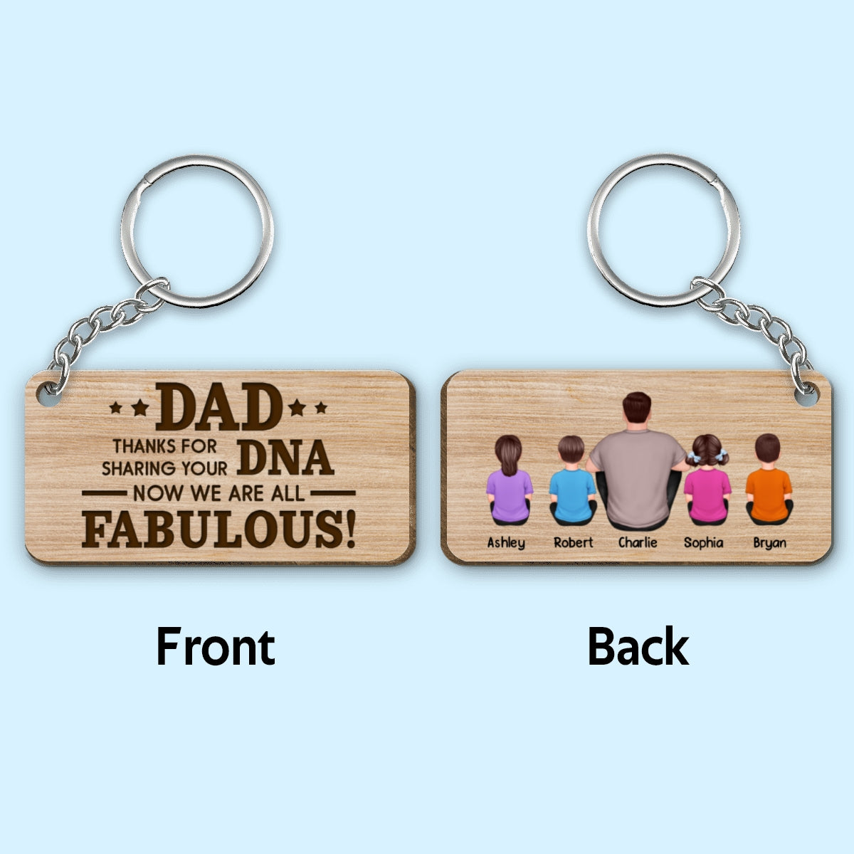 Dad Thanks For Sharing Your DNA Back View Man & Kids Sitting Personalized Wooden Keychain