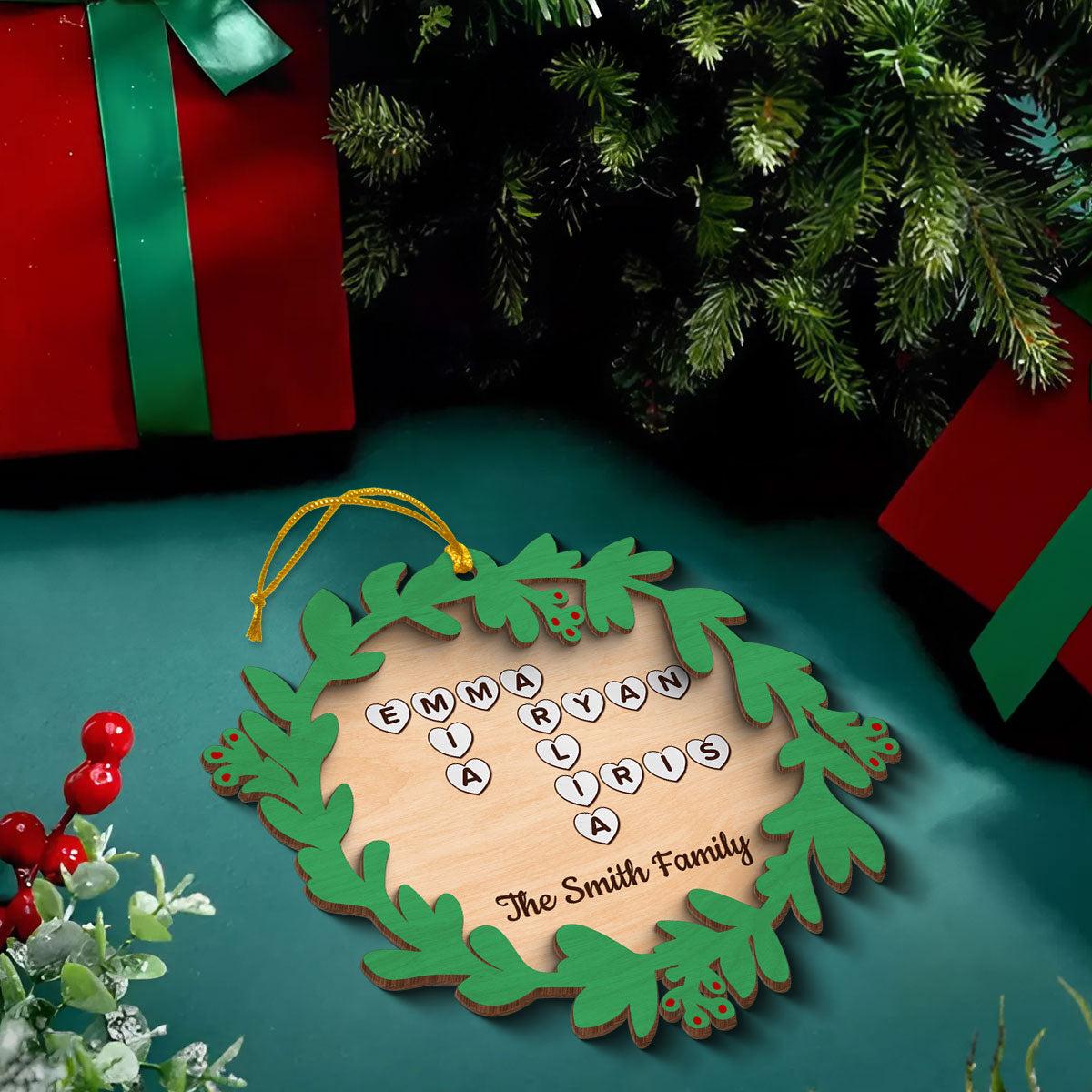 Family Names Crossword Puzzle Art Wreath Shaped Personalized 2-Layer Wooden Ornament
