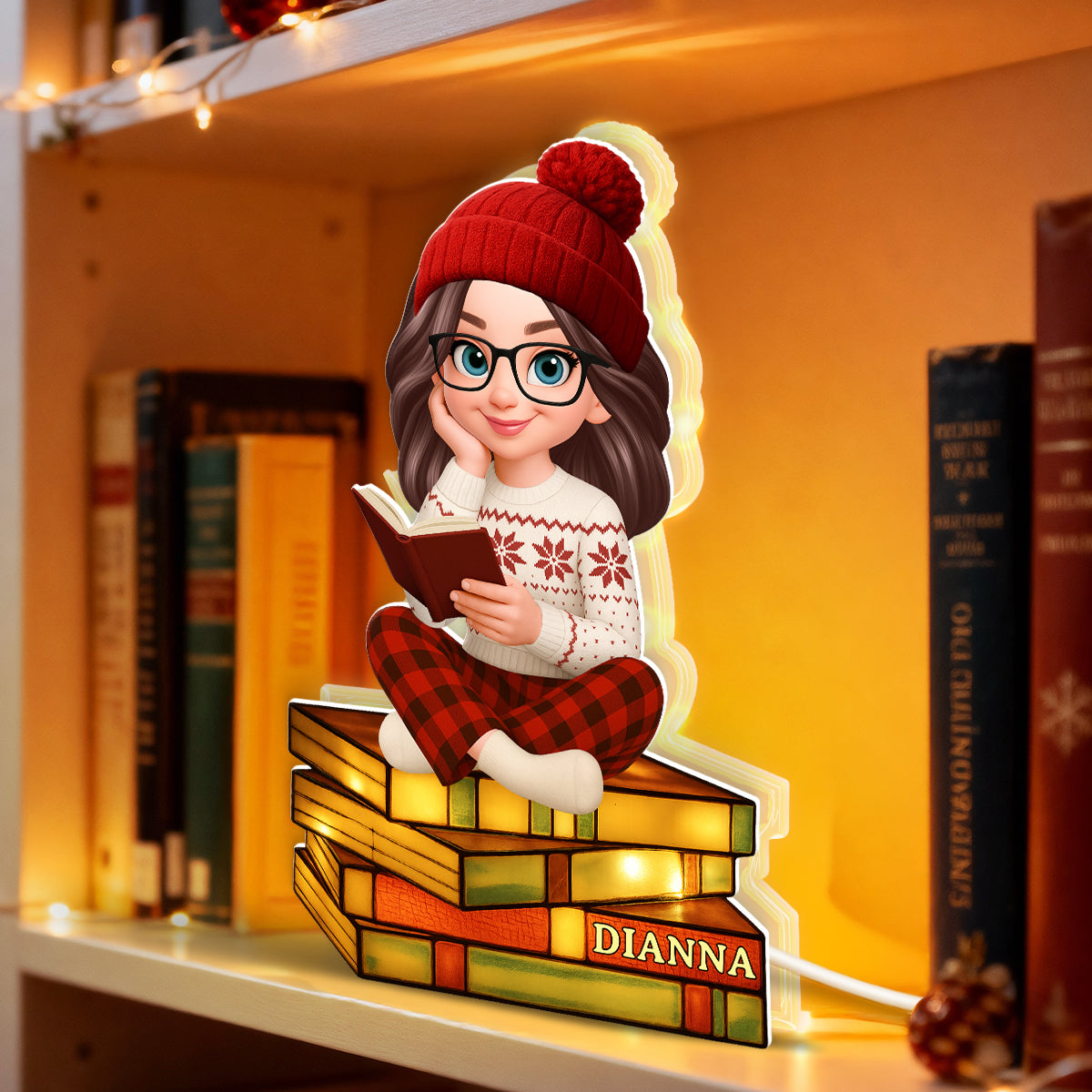 3D Stained Glass Effect Christmas Cozy Vibe Pretty Girl Reading Book - Personalized Light Box