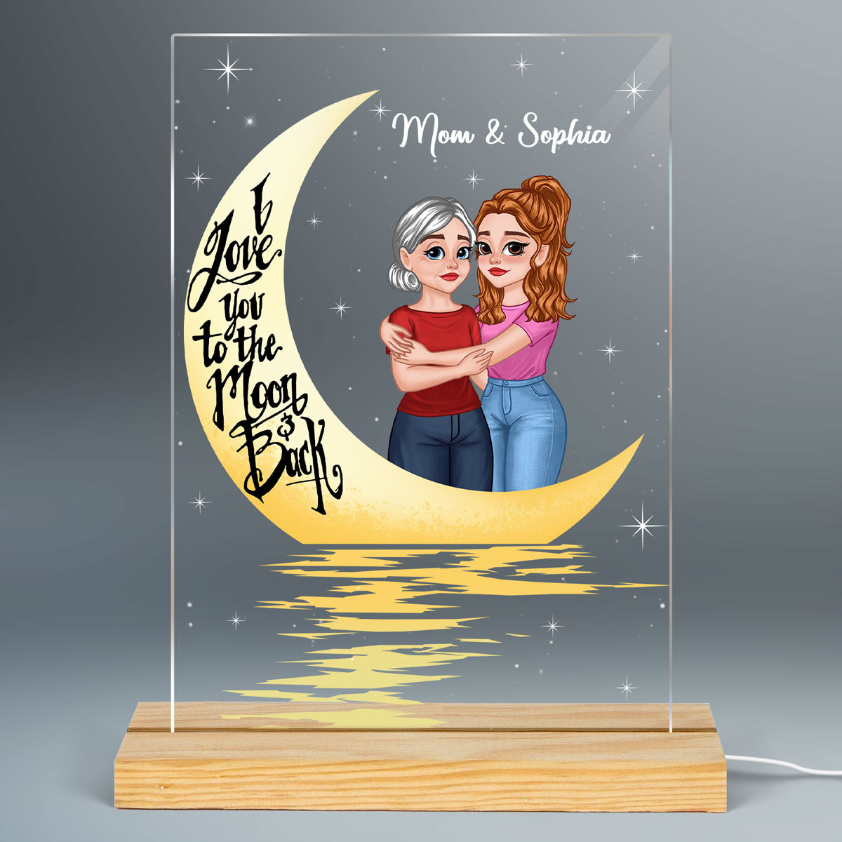 Love To The Moon Hugging Cartoon Mother Daughter In Moon Light Personalized Rectangle Acrylic Plaque With LED Night Light
