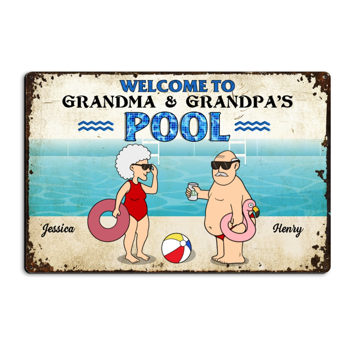 Welcome To Grandma Grandpa Pool, Funny Cartoon Personalized Metal Sign