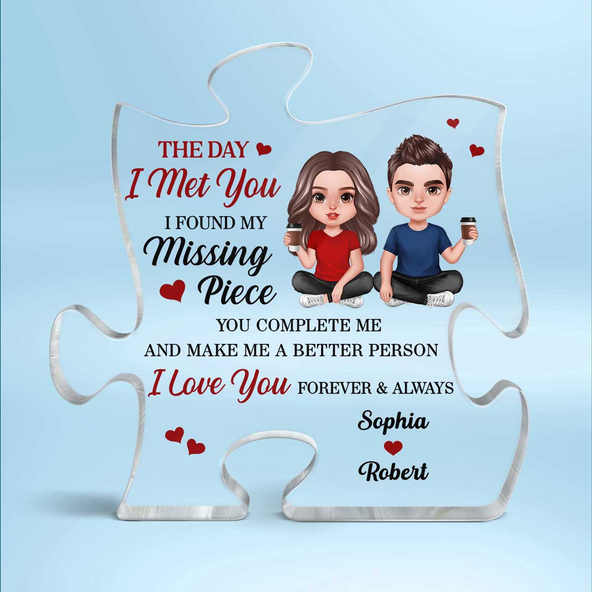 Doll Couple Sitting Realistic Found My Missing Piece Personalized Puzzle Acrylic Plaque