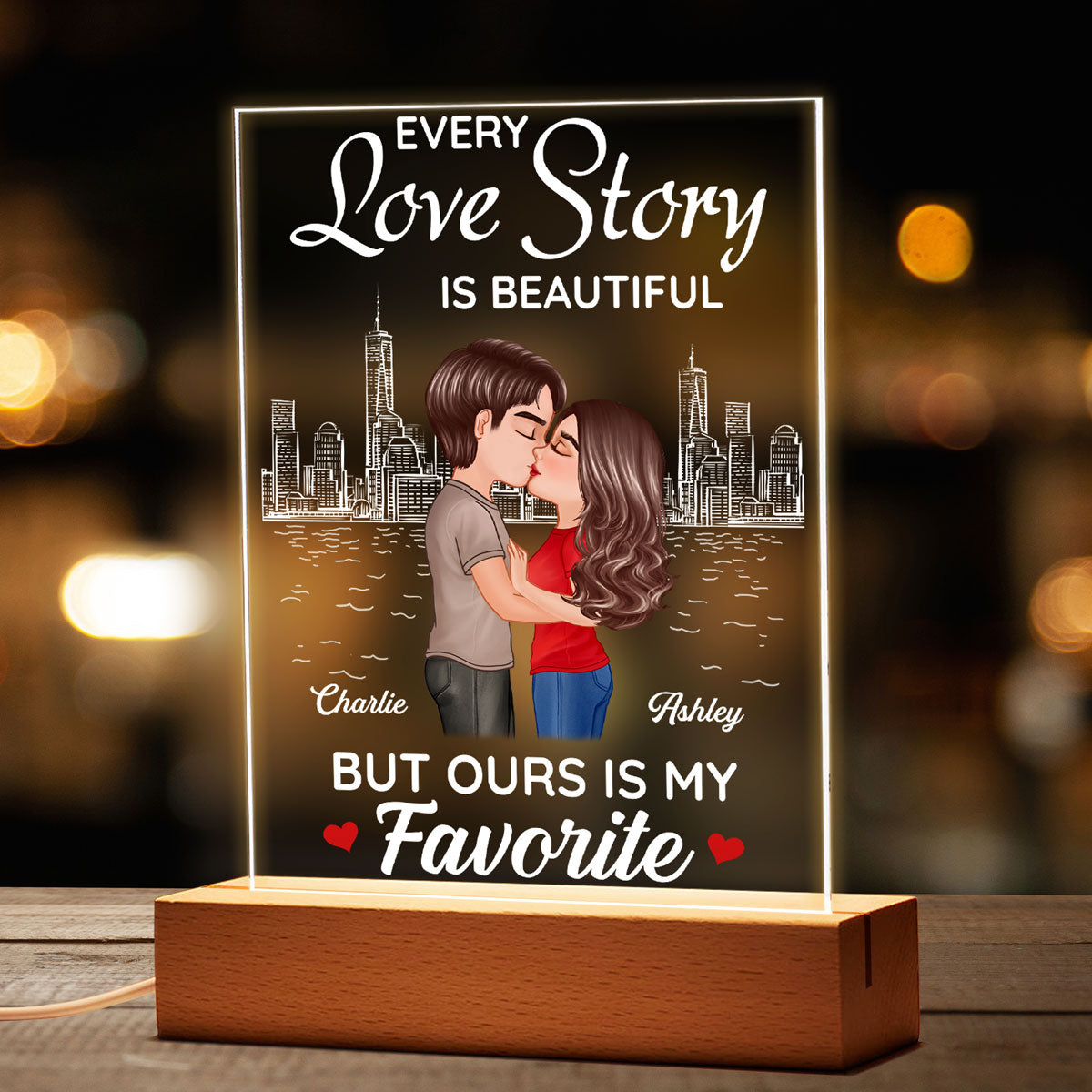 Doll Couple Kissing Skyline Anniversary Gift For Him For Her Personalized Rectangle Acrylic Plaque LED Lamp Night Light