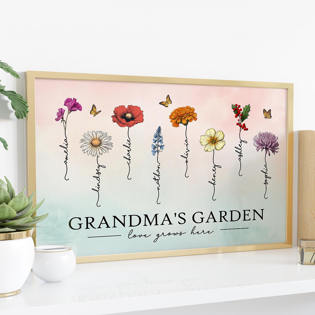Grandma‘s Garden Love Grows Here Beautiful Birth Month Flower Gift For Grandma Mom Personalized Poster