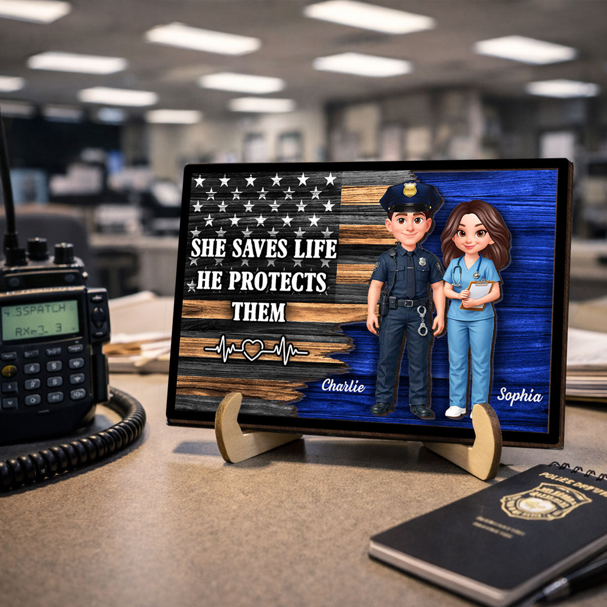 Custom Hero Couple Thin Blue Line Nation Flag - Personalized 2-Layered Wooden Plaque - Heartfelt Gift for Him, for Her