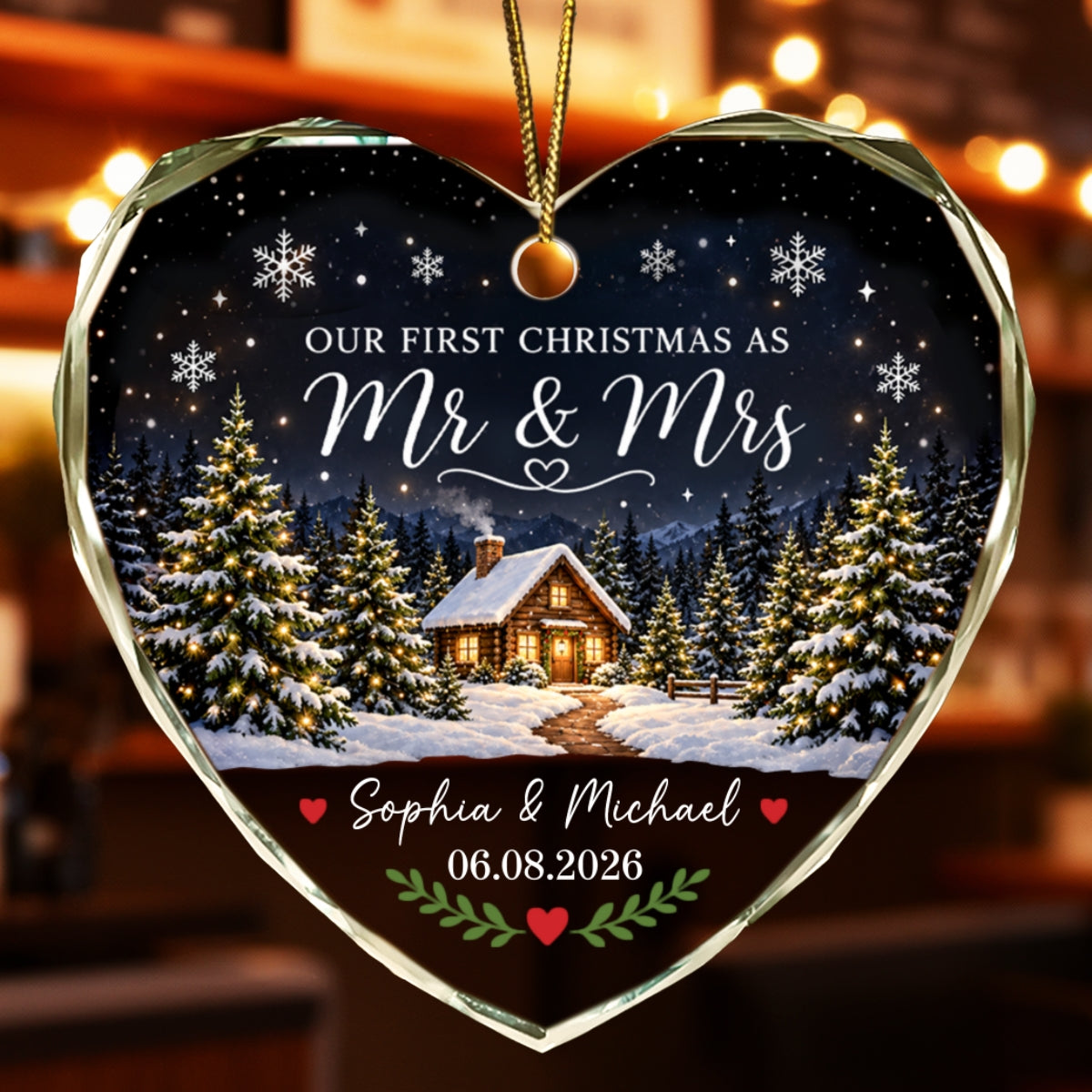 Our First Christmas As Mr Mrs Winter Cabin House - Personalized Glass Ornament - First Christmas Married Ornament For Couple