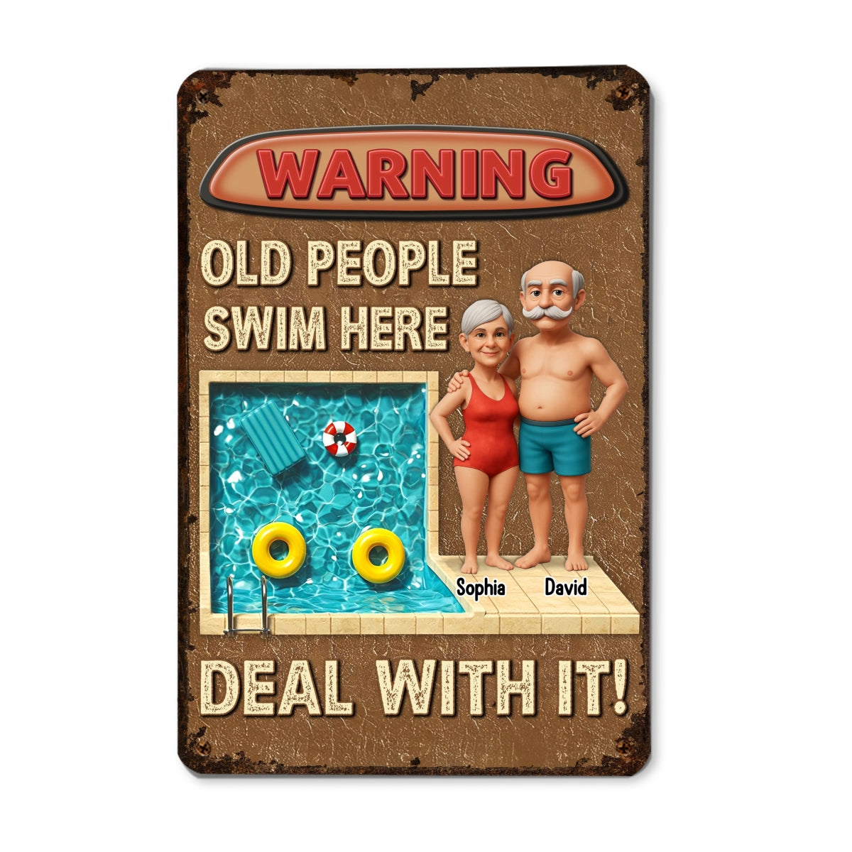 3D Effect Warning Old People Swim Here Funny Summer Decor Personalized Metal Sign