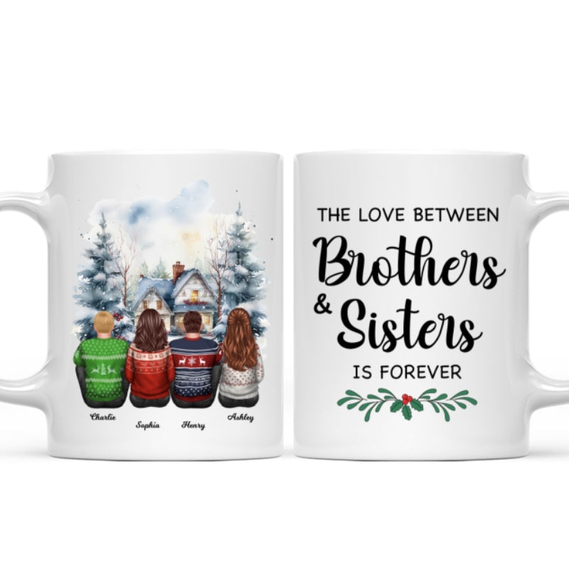 Brother Sisters Watercolor Christmas House Personalized Mug, Christmas Gift for Siblings