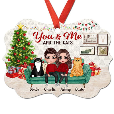 Couple And Cats Sitting On Sofa Personalized Christmas Ornament