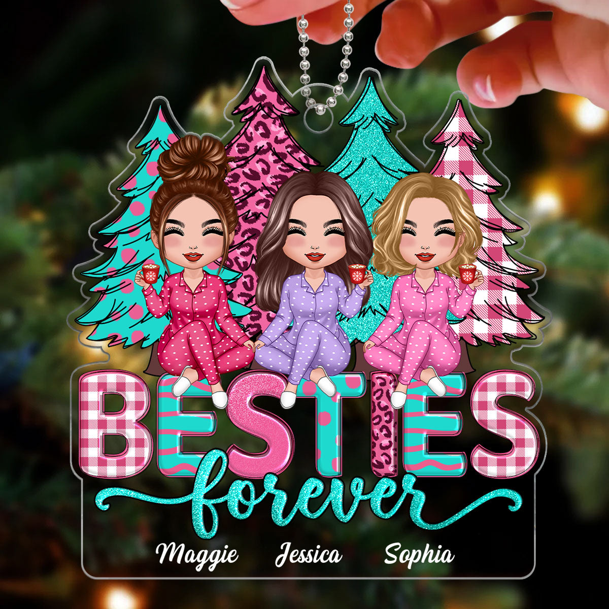 Pink And Teal Christmas Trees Besties Sisters Forever Personalized Acrylic Ornament