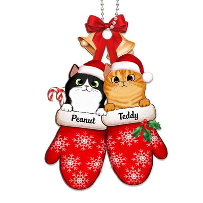 Peeking Cats On Christmas Gloves Personalized Wooden Ornament