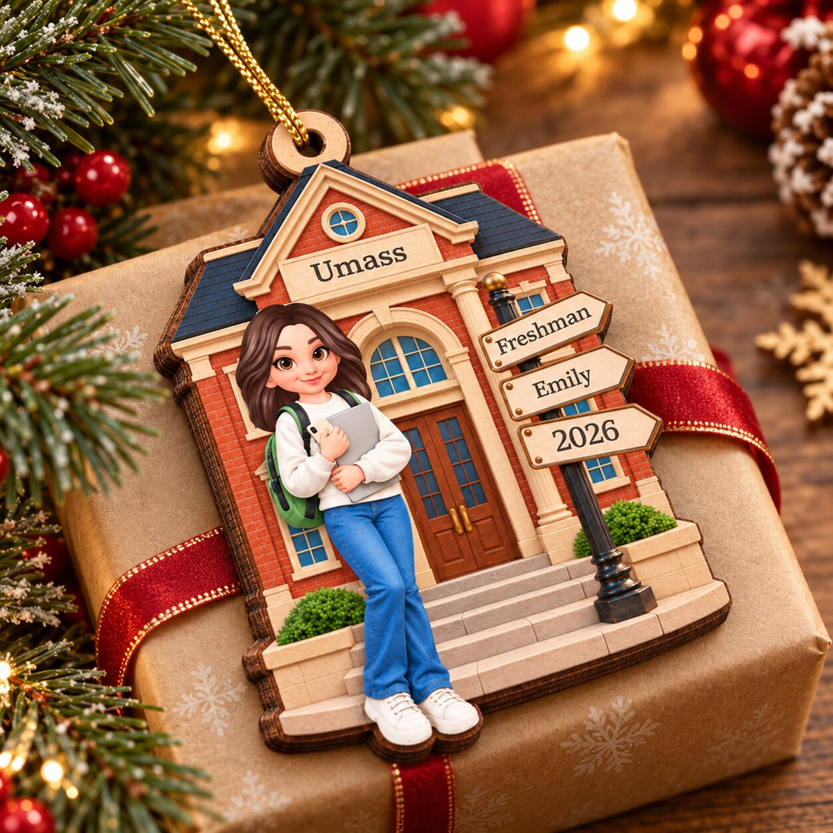 1st Year Of College 2D Flat - Personalized Wooden Ornament - Christmas Gift for Freshman