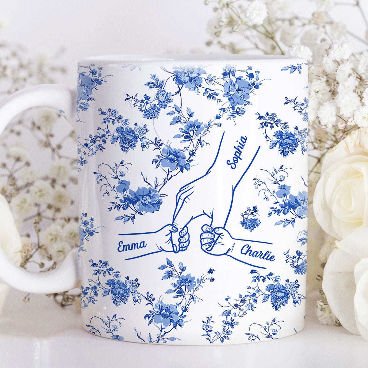 Mom & Kids Hands Holding Outline Chinoiseries Pattern Personalized Mug
