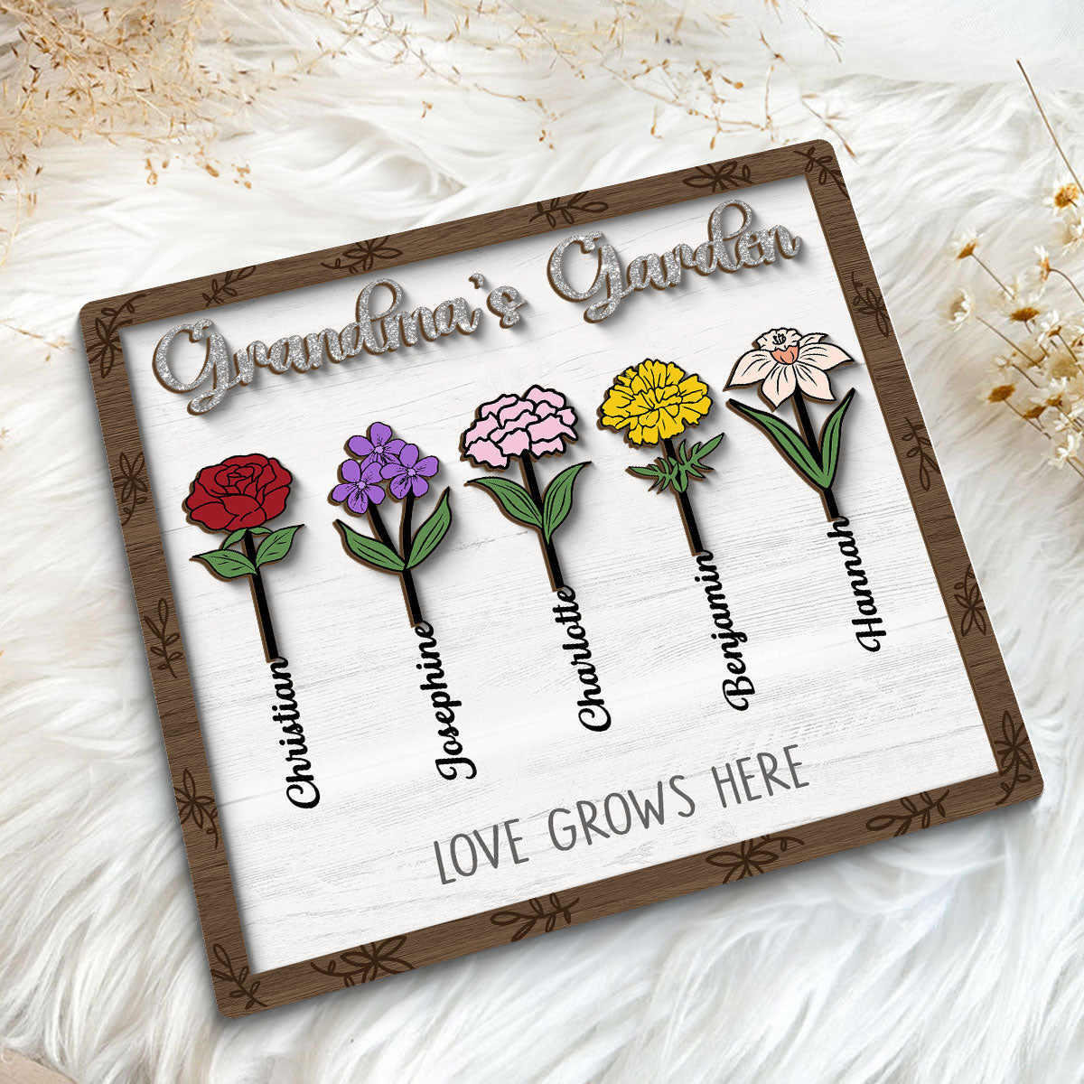 Grandma's Garden Birth Month Flower Personalized 2-Layer Wooden Plaque