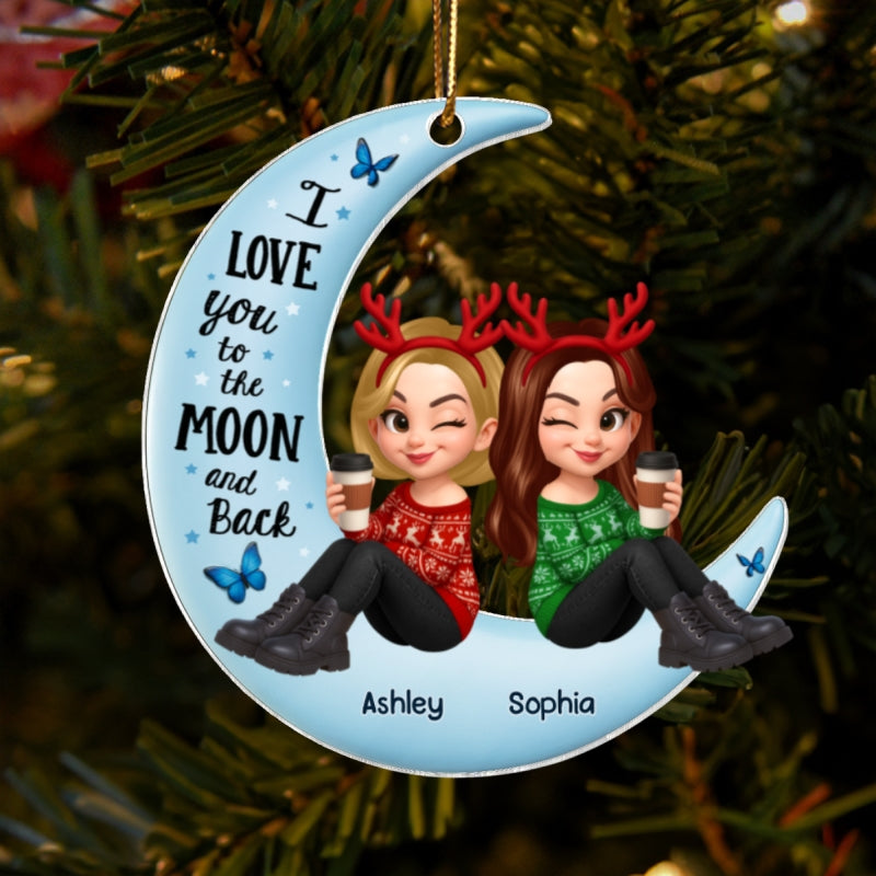 Christmas Besties Sisters Sitting On Moon 3D Effect Personalized Acrylic Ornament