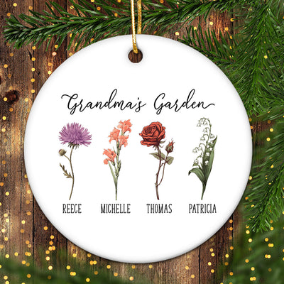 Grandma's Garden Birth Month Flower Family Personalized Ceramic Ornament, Birthday Christmas Gift For Grandma, Mom, Mother-in-law