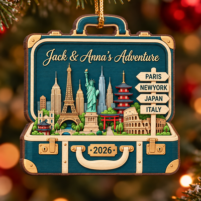 Custom Travel Adventure Suitcase 2D Flat Printed - Personalized Wooden Ornament - Traveling Destination Keepsake, Christmas Gift For Traveling Lovers