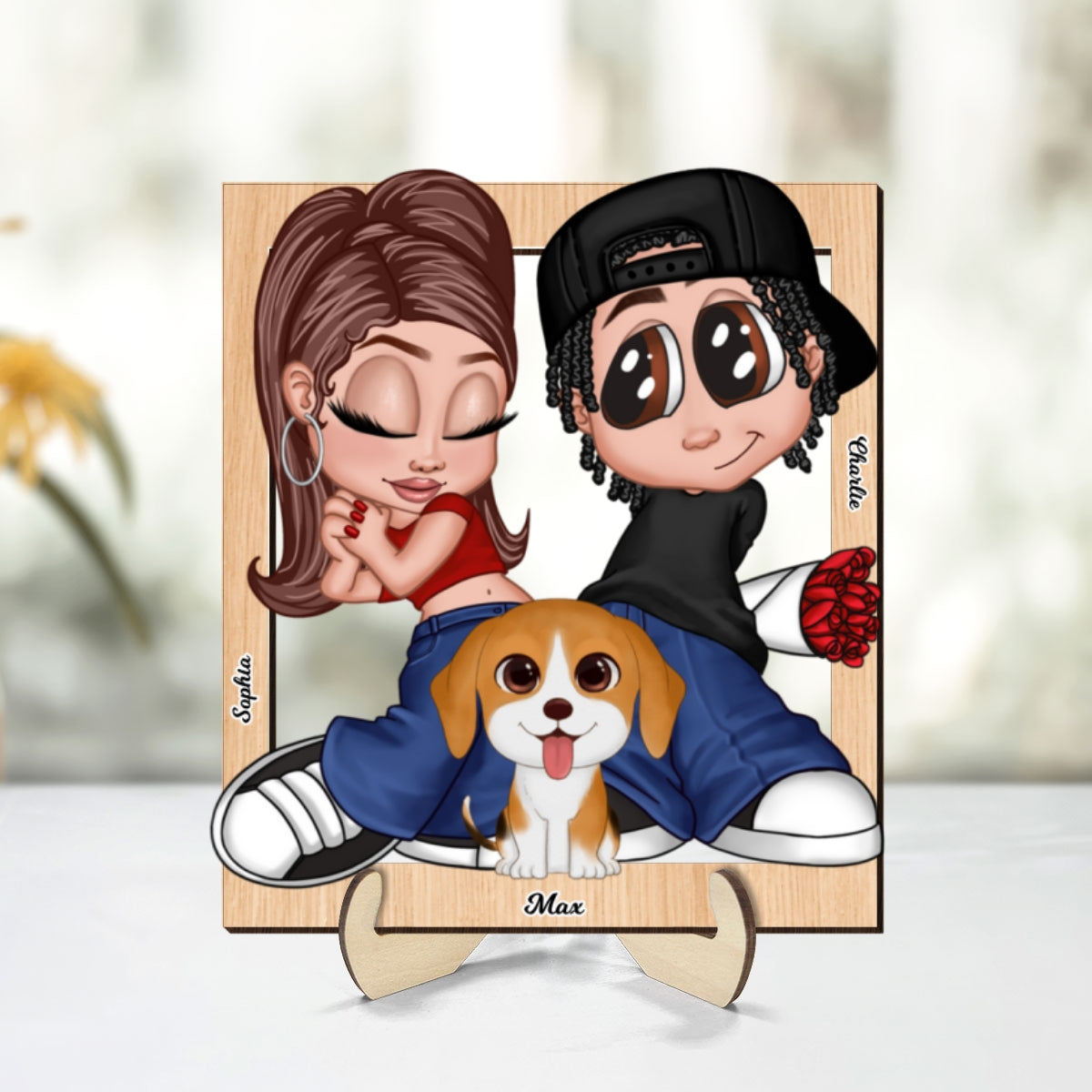 Y2K Couple Dogs Cats Frame Personalized 2-layer Wooden Plaque,  Gift for Him, Gift for Her