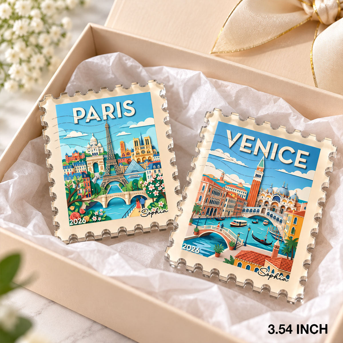 Any City Landscape Stamp - Personalized Acrylic Fridge Magnet - Travel Keepsake For Travel Lover