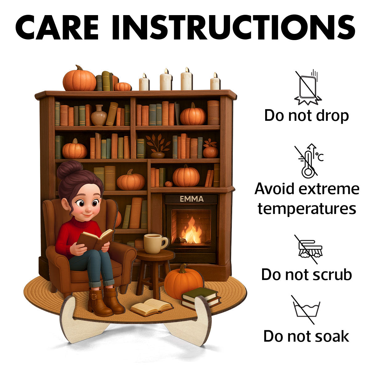 Fall Girl Reading Book Cozy Bookself Personalized 2-Layer Wooden Plaque
