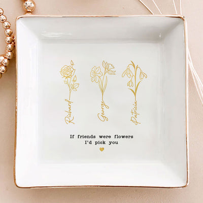 Friends Sisters Besties Birth Month Flowers Personalized Jewelry Dish, Christmas Gift for Sisters, Besties, Best Friends