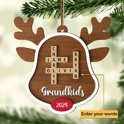 Grandkids Names Reindeer Crossword Puzzle Art Personalized 2-Layer Wooden Ornament, Christmas Gift For Grandma