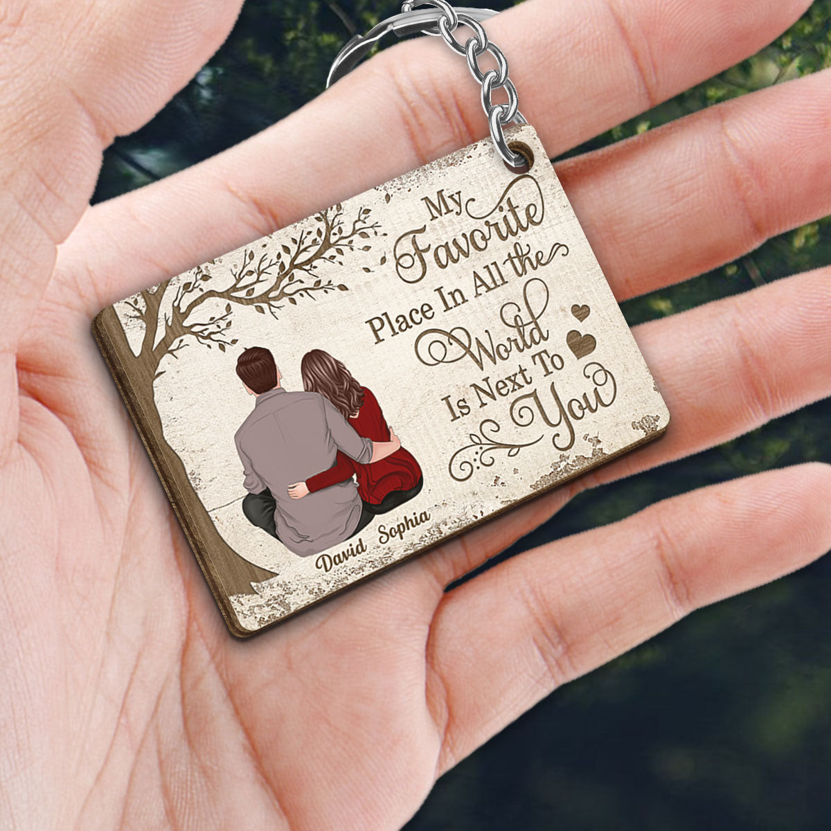 Back View Couple My Favorite Place In All The World Is Next To You Personalized Wooden Keychain