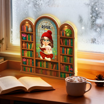 Christmas Cozy Vibe Pretty Girl Reading Book In Arched Bookshelf - Personalized Light Box