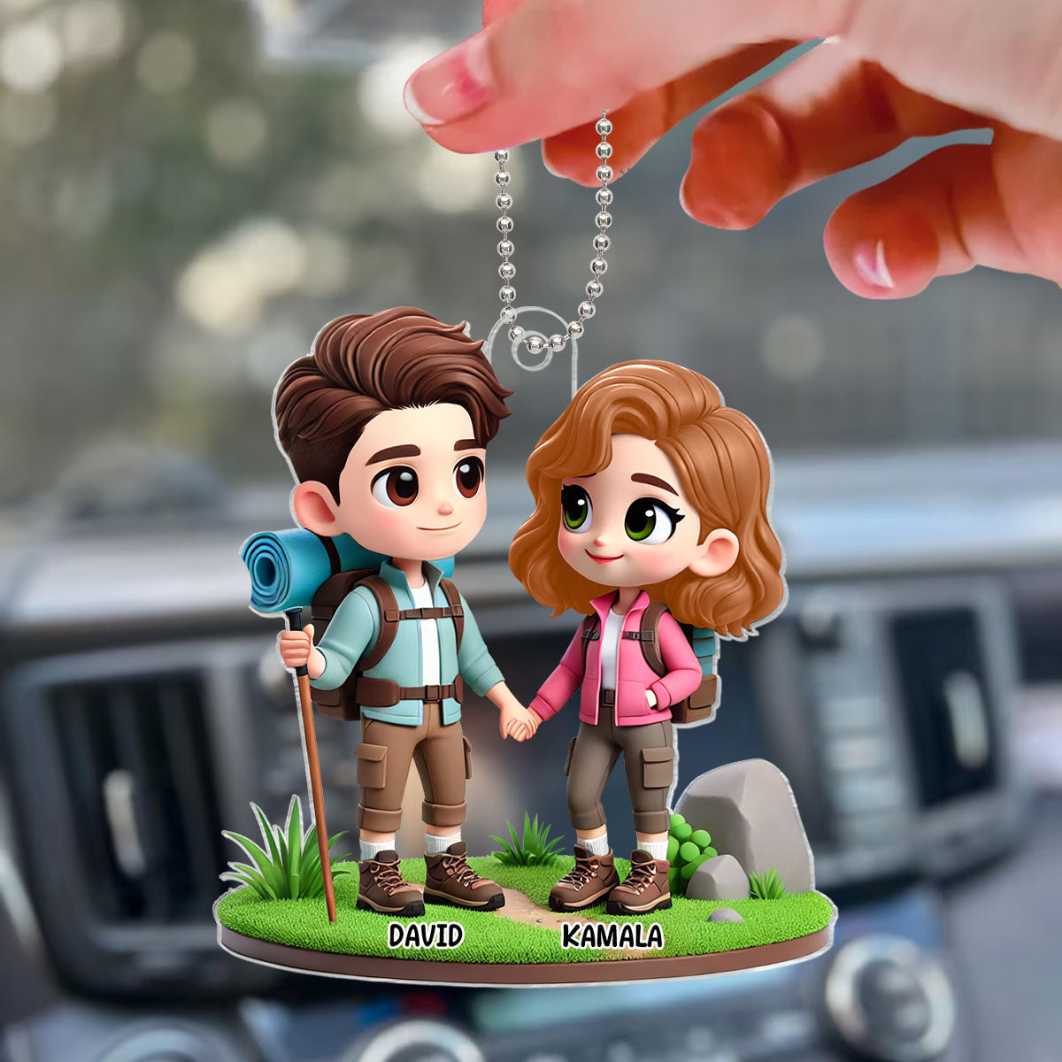 3D Effect Cute Cartoon Hiking Couple Personalized Acrylic Car Hanger, Rear View Mirror, Anniversary, Birthday Gift for him, for her