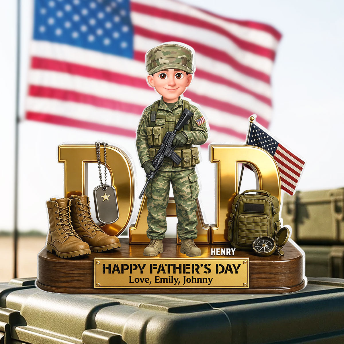 Proud American Army Military Hero Dad 2D Flat - Personalized Acrylic Block Plaque - Father's Day Gift For Dad