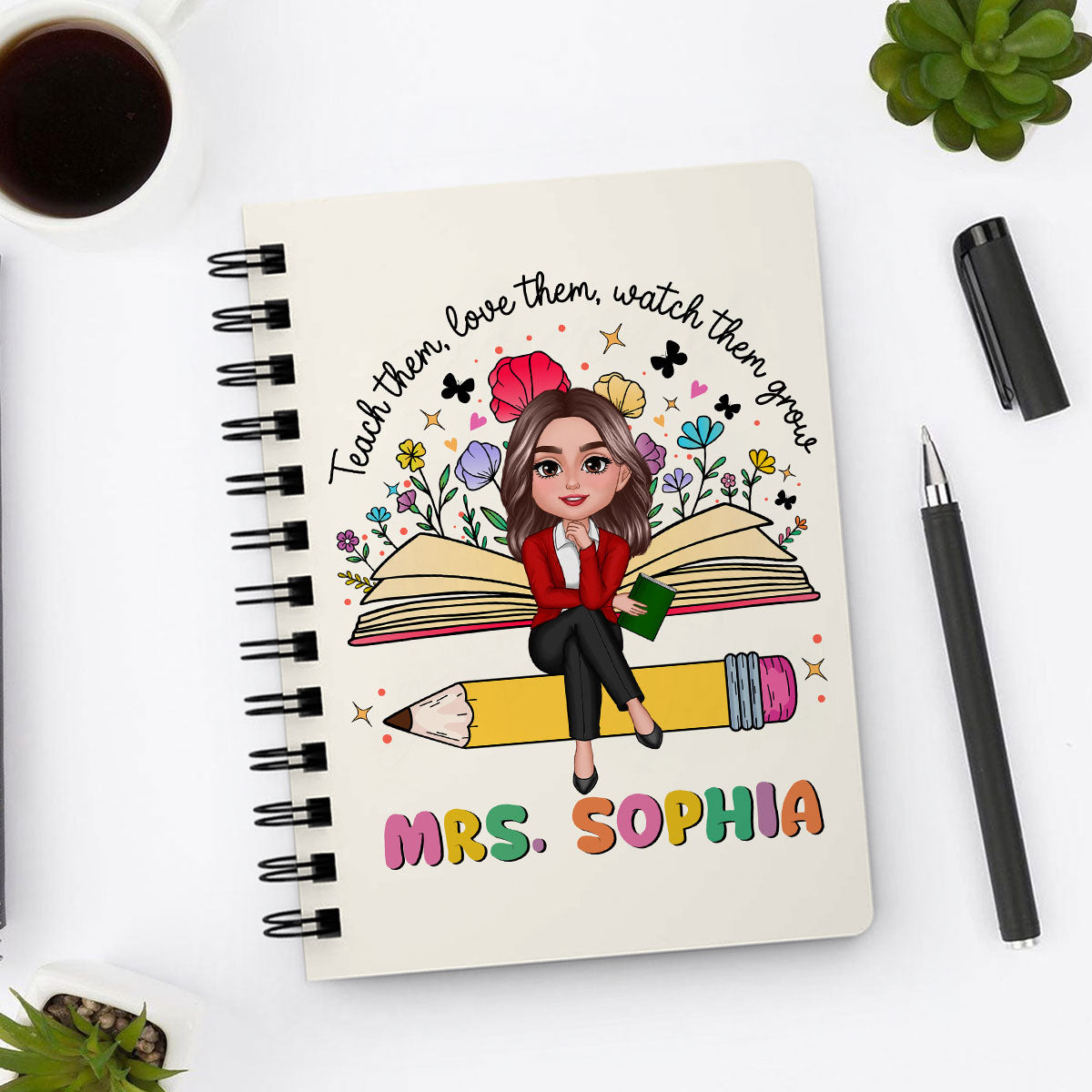 Teacher Teach Love Watch Them Grow Wildflowers Personalized Spiral Notebook Journal, Back To School Stationery