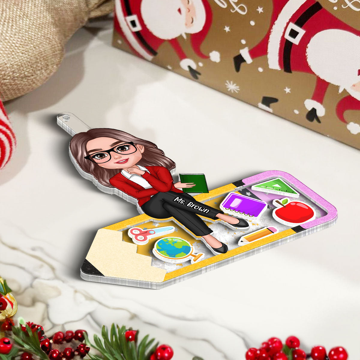 Doll Teacher Sitting On Pencil Personalized Shaker Ornament, Christmas Gift