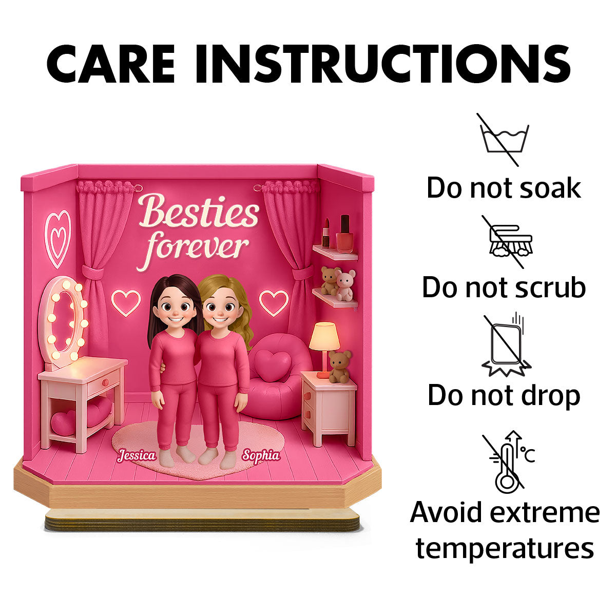 3D Effect Besties Pink Tone Dream Dollhouse Personalized Flat Standing Wooden Plaque