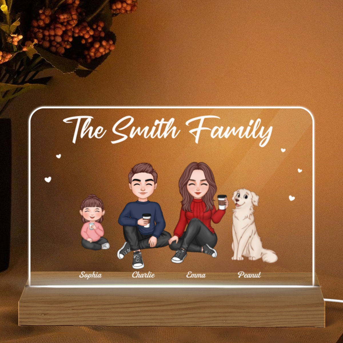 Whole Cute Family Couple Dad Mom Kids Dogs Cats Sitting Personalized Custom Shape Horizontal Rectangle Acrylic Plaque LED Night Light