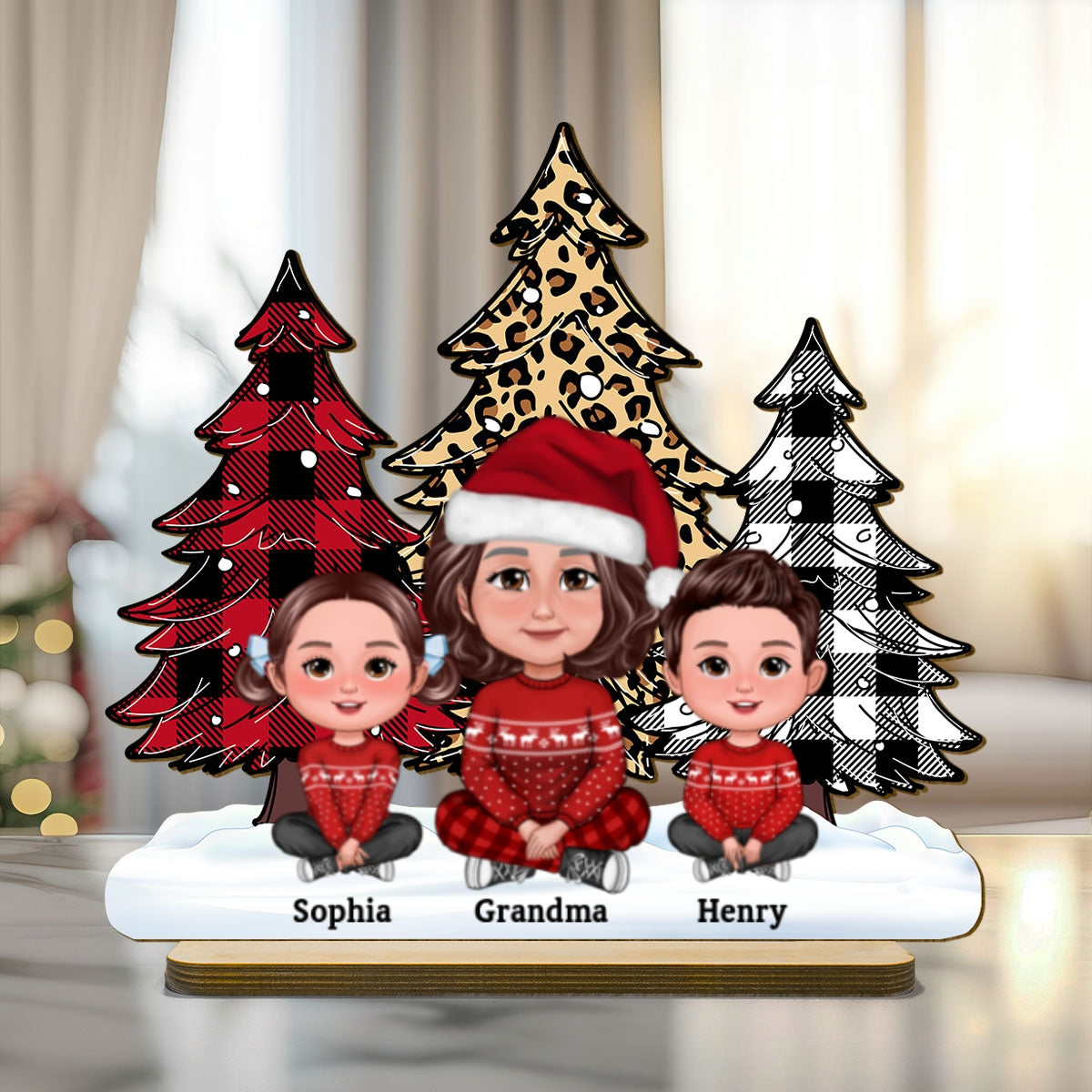 Leopard Checkered Pattern Christmas Tree Grandma Grandkids Personalized 2-Layer Standing Wooden Plaque