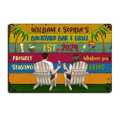 Welcome To Backyard Bar & Grill Back View Couple Personalized Metal Sign