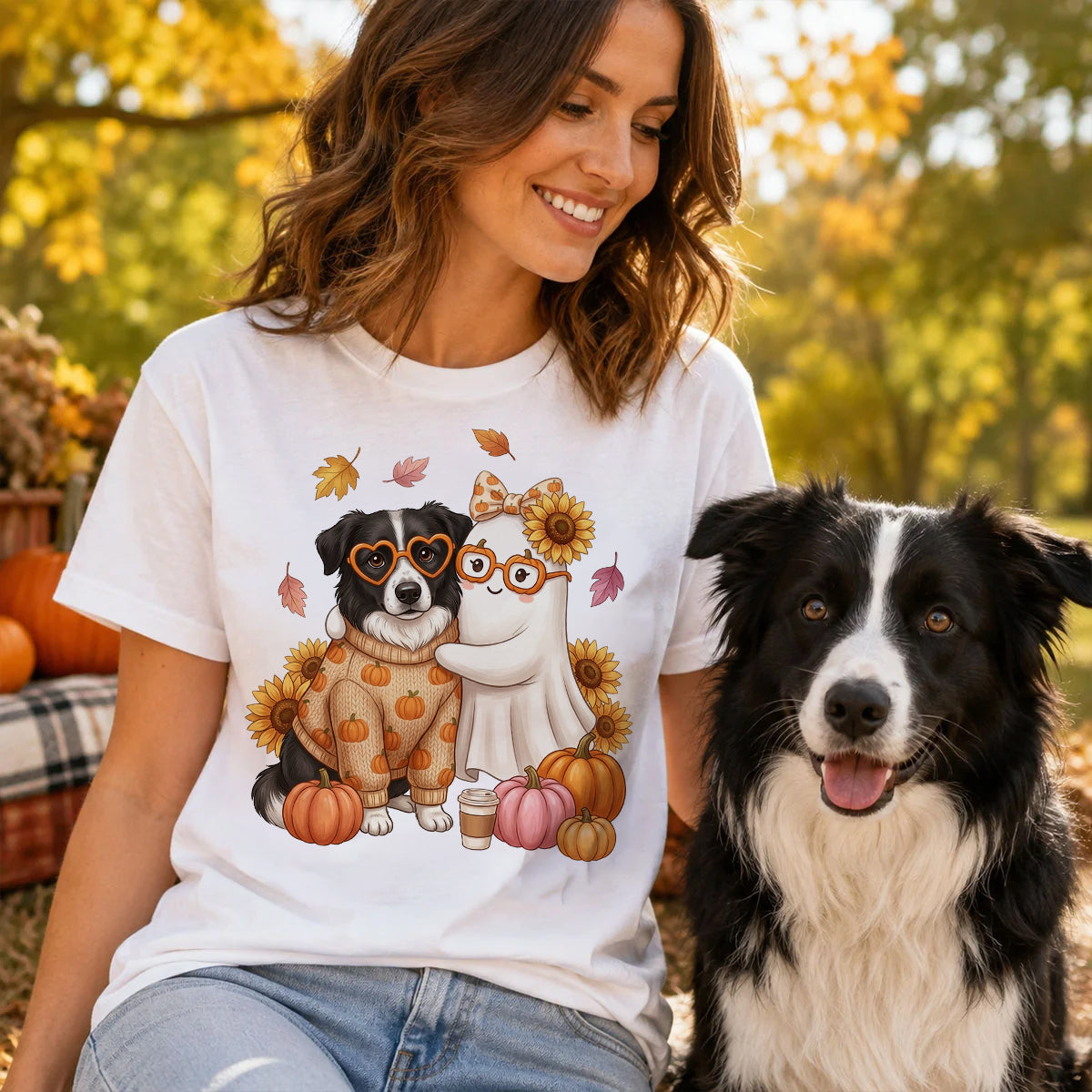 Cute Fall Dog Cat Hugging Ghost - Personalized Shirt - Trendy Fall Tee for Pet Lovers, Dog Mom, Cat Mom