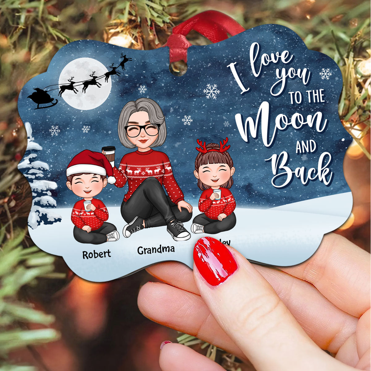 Cute Grandma Grandkids Sitting In Snow Night Personalized Christmas Ornament