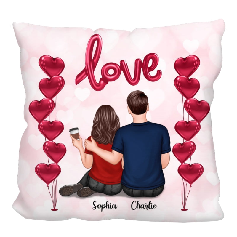 Couple Sitting Back View Love Balloon Personalized Pillow