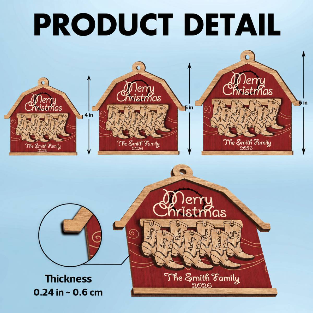 Cowboy Boot Family Names Personalized 2-Layer Wooden Ornament
