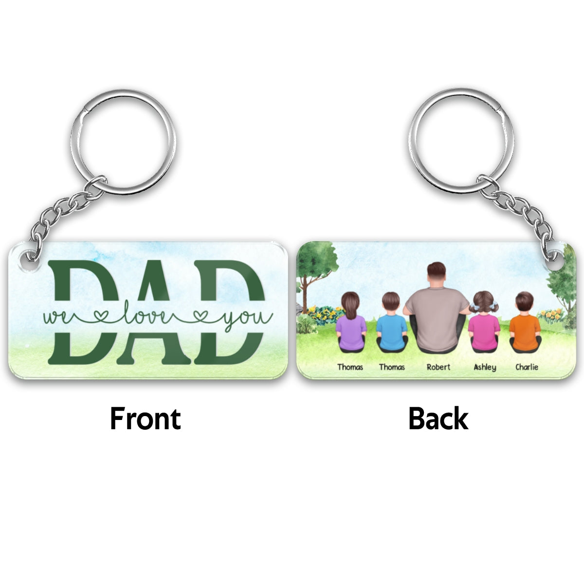 Dad And Kids Sitting Back View In Park Personalized Acrylic Keychain