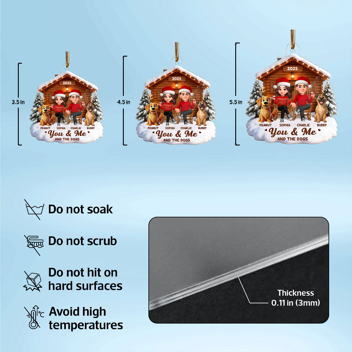 3D Effect Christmas Couple And Dog Cat Wooden Cabin - Personalized Acrylic Ornament - Heartfelt Gift For Couple